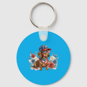 Dachshund Floral American Flag Usa 4th Of July Key Ring