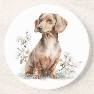 Dachshund Floral Watercolor Art Coaster