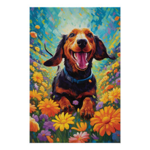 Dachshund Frolicking In A Field Of Colourful Flowe Poster