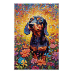 Dachshund Frolicking In A Field Of Colourful Flowe Poster