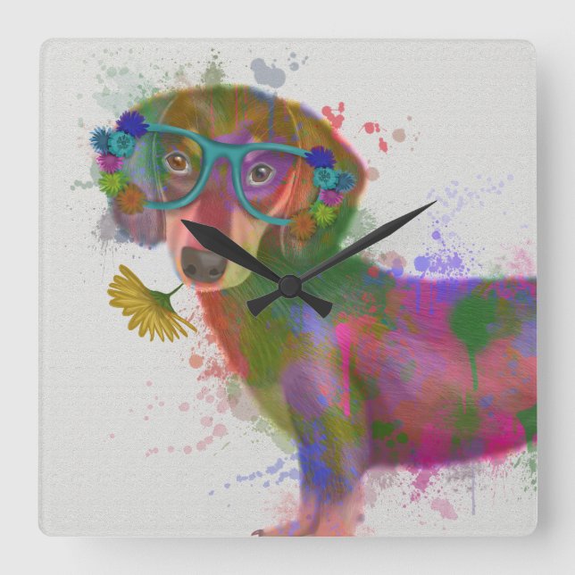 Dachshund & Glasses Rainbow Splash Square Wall Clock (Front)