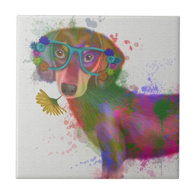 Dachshund & Glasses Rainbow Splash Tile (Front)