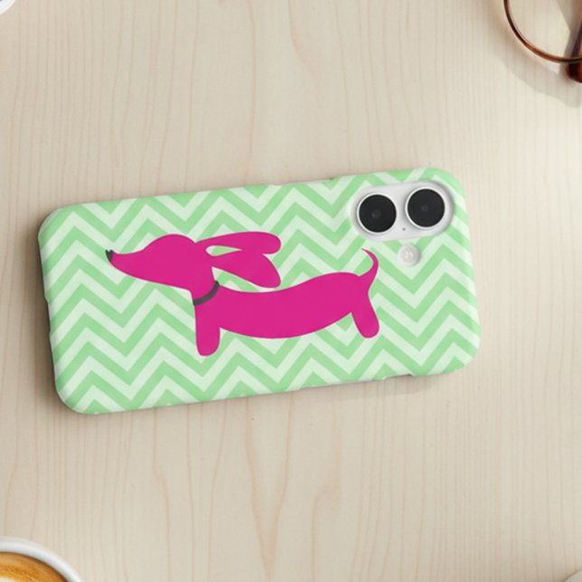 Dachshund + Green Chevron Case-Mate iPhone Case (Pink and green dachshund phone case for wiener dog moms)