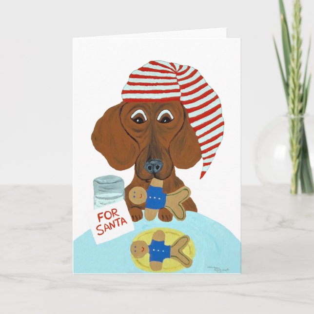 Dachshund Guarding Santa's Cookies Holiday Card (Front)