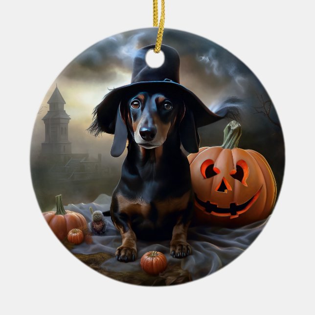 Dachshund Halloween Scary Ceramic Tree Decoration (Front)