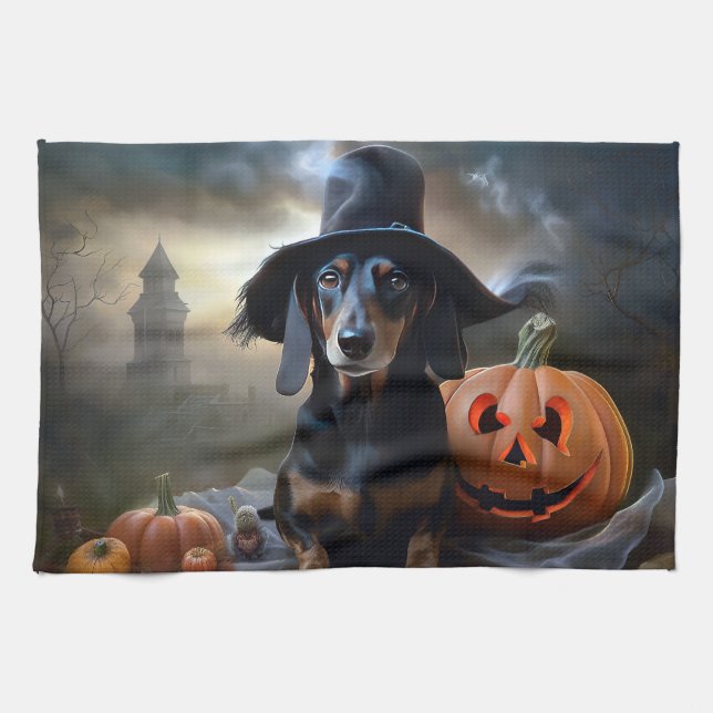 Dachshund Halloween Scary Tea Towel (Horizontal)