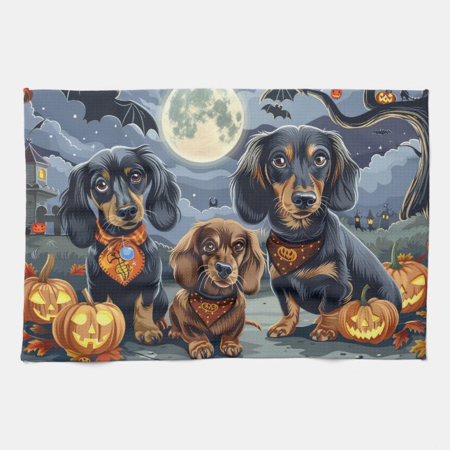 Dachshund Halloween Spooky  Tea Towel (Horizontal)