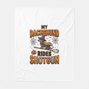 Dachshund Halloween Witch Broom Rides Shotgun Shir Fleece Blanket