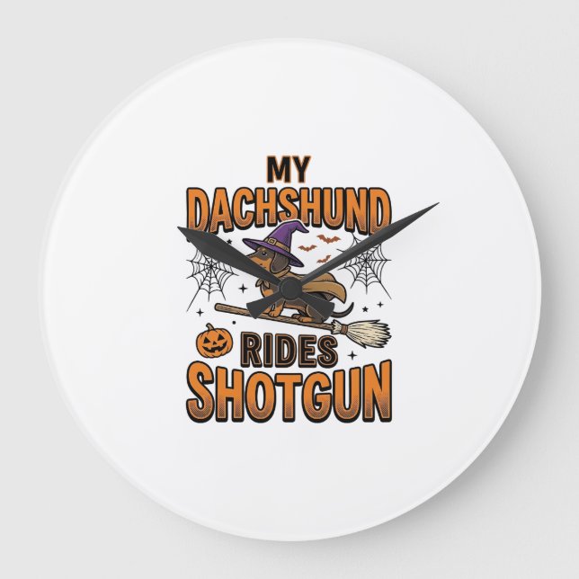 Dachshund Halloween Witch Broom Rides Shotgun Shir Large Clock (Front)