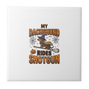 Dachshund Halloween Witch Broom Rides Shotgun Shir Tile