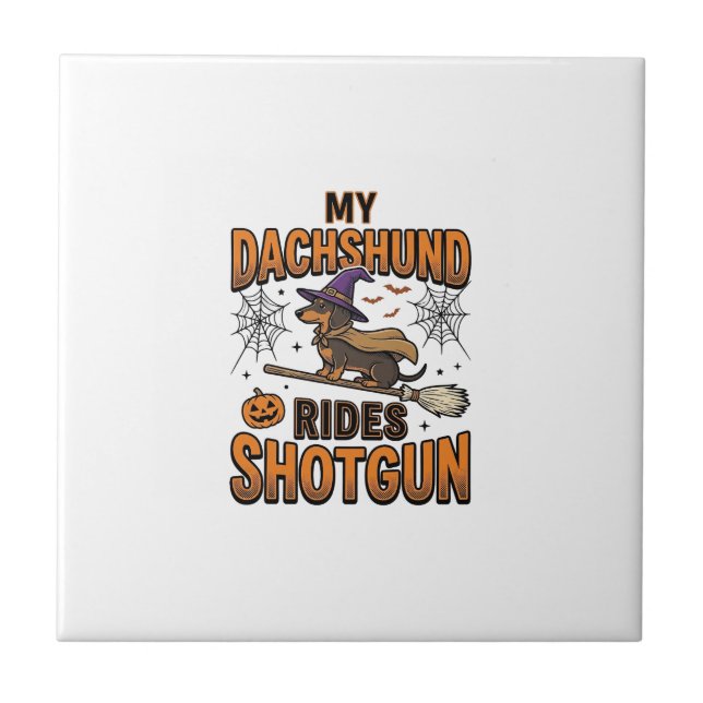 Dachshund Halloween Witch Broom Rides Shotgun Shir Tile (Front)