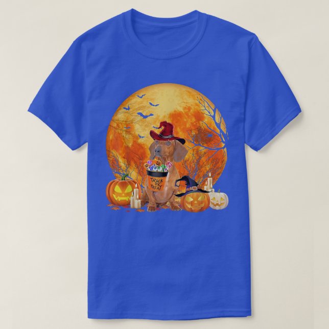 Dachshund Halloween Witch Moon CandyTrick  T-Shirt (Design Front)