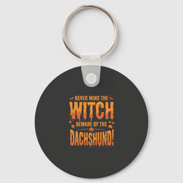 Dachshund Halloween Witch Warning Typography Vecto Key Ring (Front)