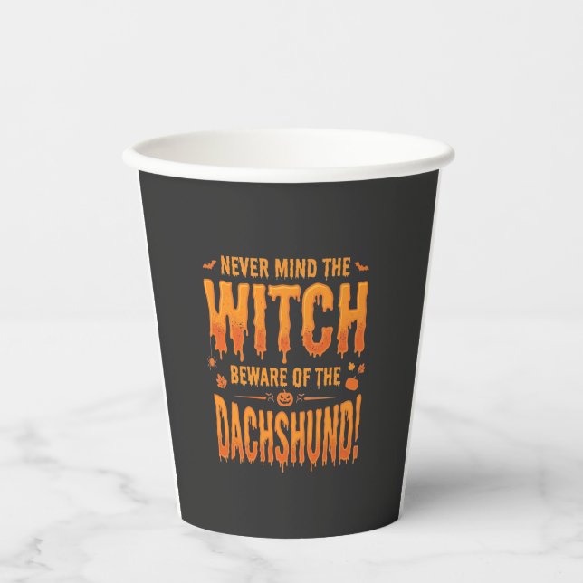 Dachshund Halloween Witch Warning Typography Vecto Paper Cups (Front)
