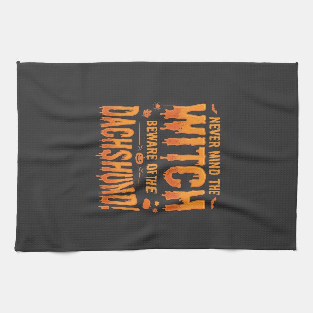 Dachshund Halloween Witch Warning Typography Vecto Tea Towel (Horizontal)