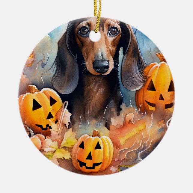 Dachshund Halloween With Pumpkins Scary Ceramic Tree Decoration (Front)