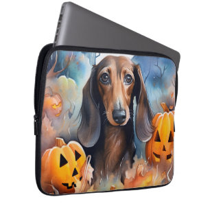 Dachshund Halloween With Pumpkins Scary Laptop Sleeve
