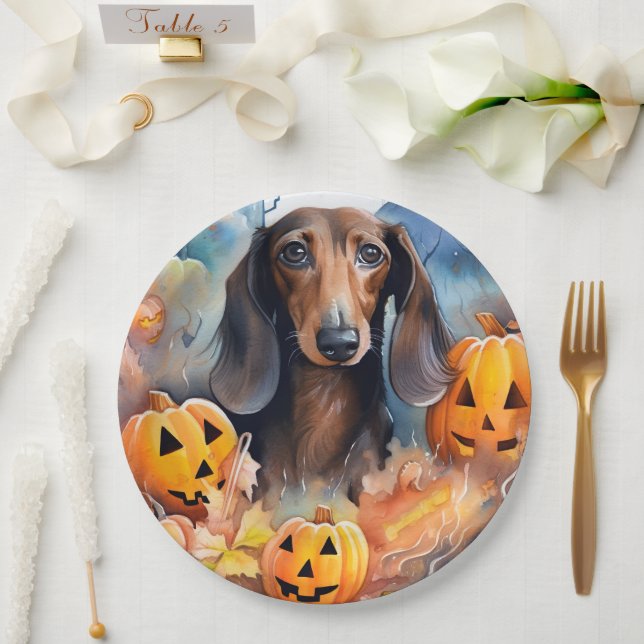 Dachshund Halloween With Pumpkins Scary Paper Plate (Wedding)