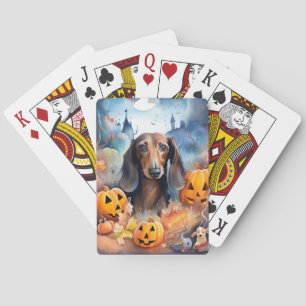 Dachshund Halloween With Pumpkins Scary Playing Cards