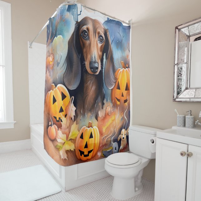 Dachshund Halloween With Pumpkins Scary Shower Curtain (In Situ)