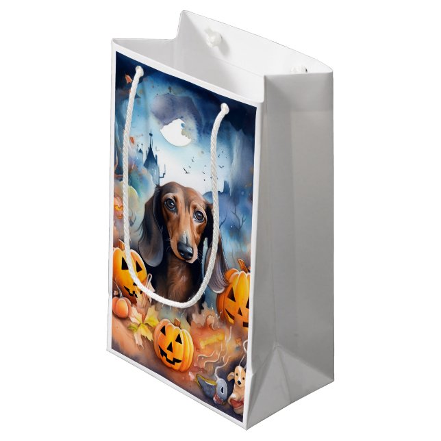 Dachshund Halloween With Pumpkins Scary Small Gift Bag (Front Angled)