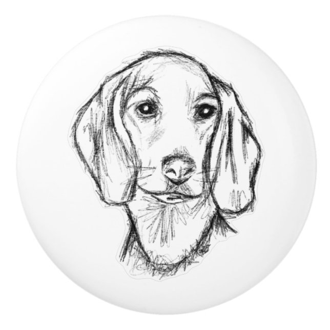 dachshund hand drawn sketch black white puppy dog ceramic knob (Front)