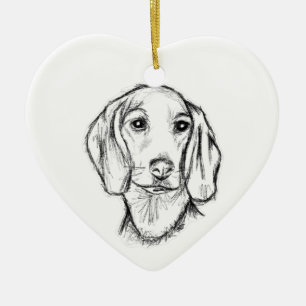 dachshund hand drawn sketch black white puppy dog  ceramic tree decoration