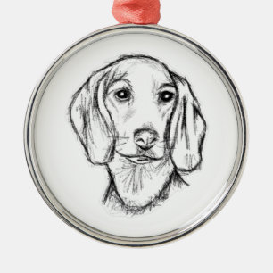 dachshund hand drawn sketch black white puppy dog metal tree decoration