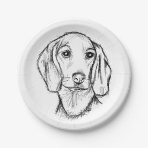 dachshund hand drawn sketch black white puppy dog paper plate