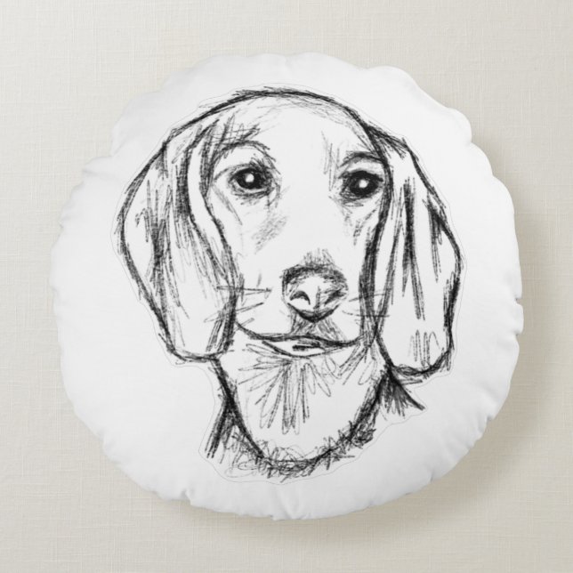 dachshund hand drawn sketch black white puppy dog  round cushion (Front)