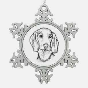 dachshund hand drawn sketch black white puppy dog  snowflake pewter christmas ornament