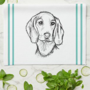 dachshund hand drawn sketch black white puppy dog tea towel