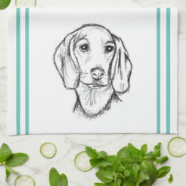dachshund hand drawn sketch black white puppy dog  tea towel (Folded)