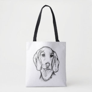 dachshund hand drawn sketch black white puppy dog tote bag