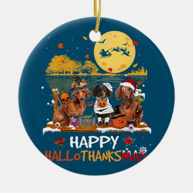 Dachshund Happy Hallothanksmas Halloween Thanksgiv Ceramic Tree Decoration (Front)