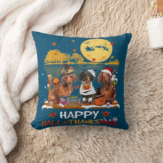 Dachshund Happy Hallothanksmas Halloween Thanksgiv Cushion (Blanket)