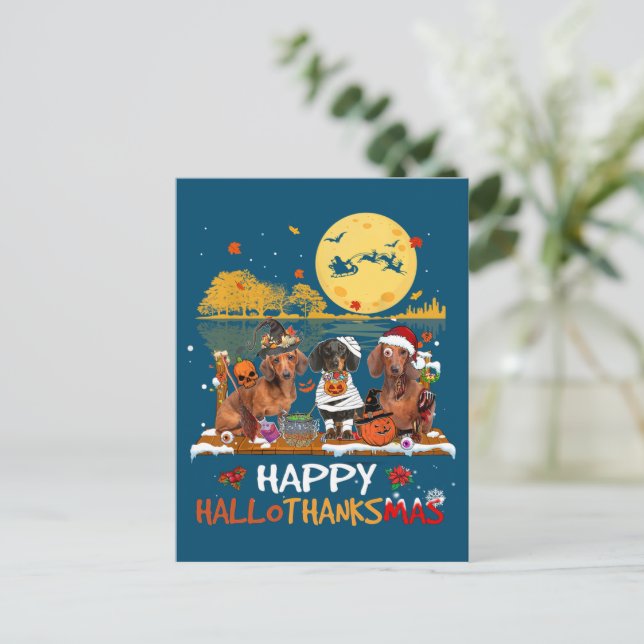 Dachshund Happy Hallothanksmas Halloween Thanksgiv Postcard (Standing Front)