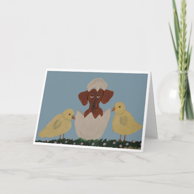 Dachshund hatching out of egg with chicks card (Front)
