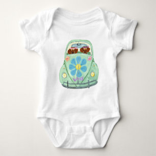 Dachshund Hippies In Flower Love car Baby Bodysuit