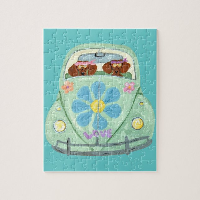 Dachshund Hippies In Their Flower Love Car Jigsaw Puzzle (Vertical)