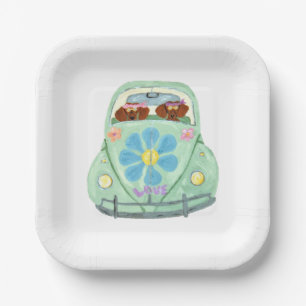 Dachshund Hippies In Their Flower Love Car Paper Plate