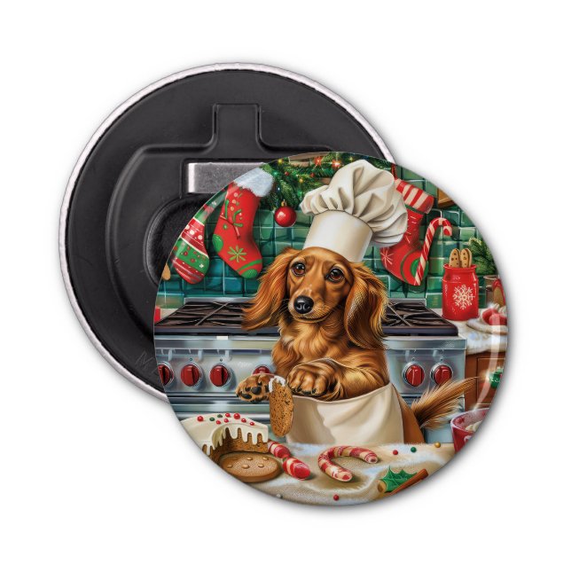 Dachshund Holiday Baking: Festive Christmas Bottle Opener (Front)