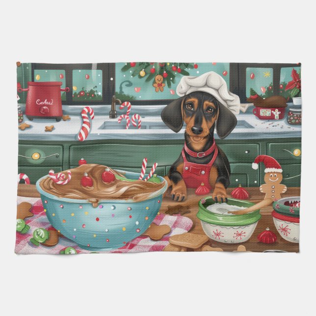 Dachshund Holiday Baking: Festive Christmas  Tea Towel (Horizontal)