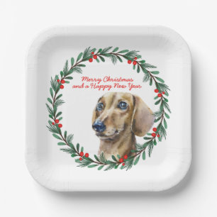 Dachshund Holiday Wreath Personalised Christmas Paper Plate