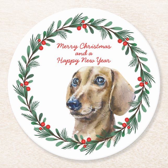 Dachshund Holiday Wreath Personalised Christmas Round Paper Coaster (Front)
