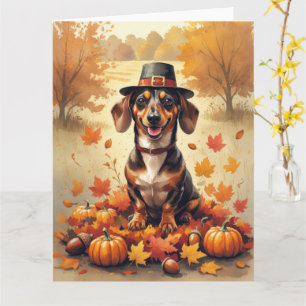 Dachshund In Autumn Leaves Thanksgiving Art Card