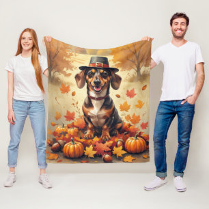 Dachshund In Autumn Leaves Thanksgiving Art Fleece Blanket