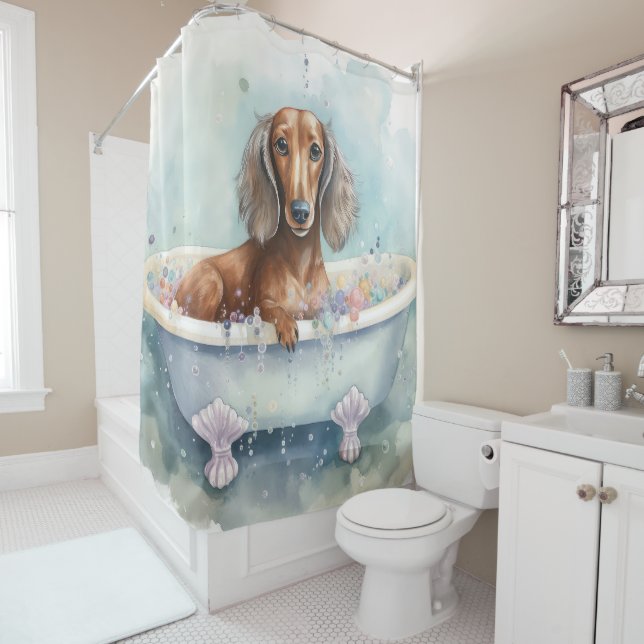 Dachshund In Bathtub Watercolor Dog Art Shower Curtain (In Situ)