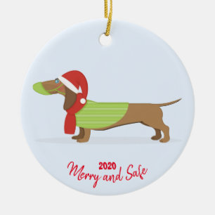 Dachshund in Face Mask Christmas 2020 Ceramic Tree Decoration