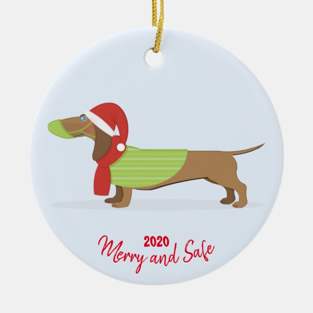 Dachshund in Face Mask Christmas 2020 Ceramic Tree Decoration (Front)